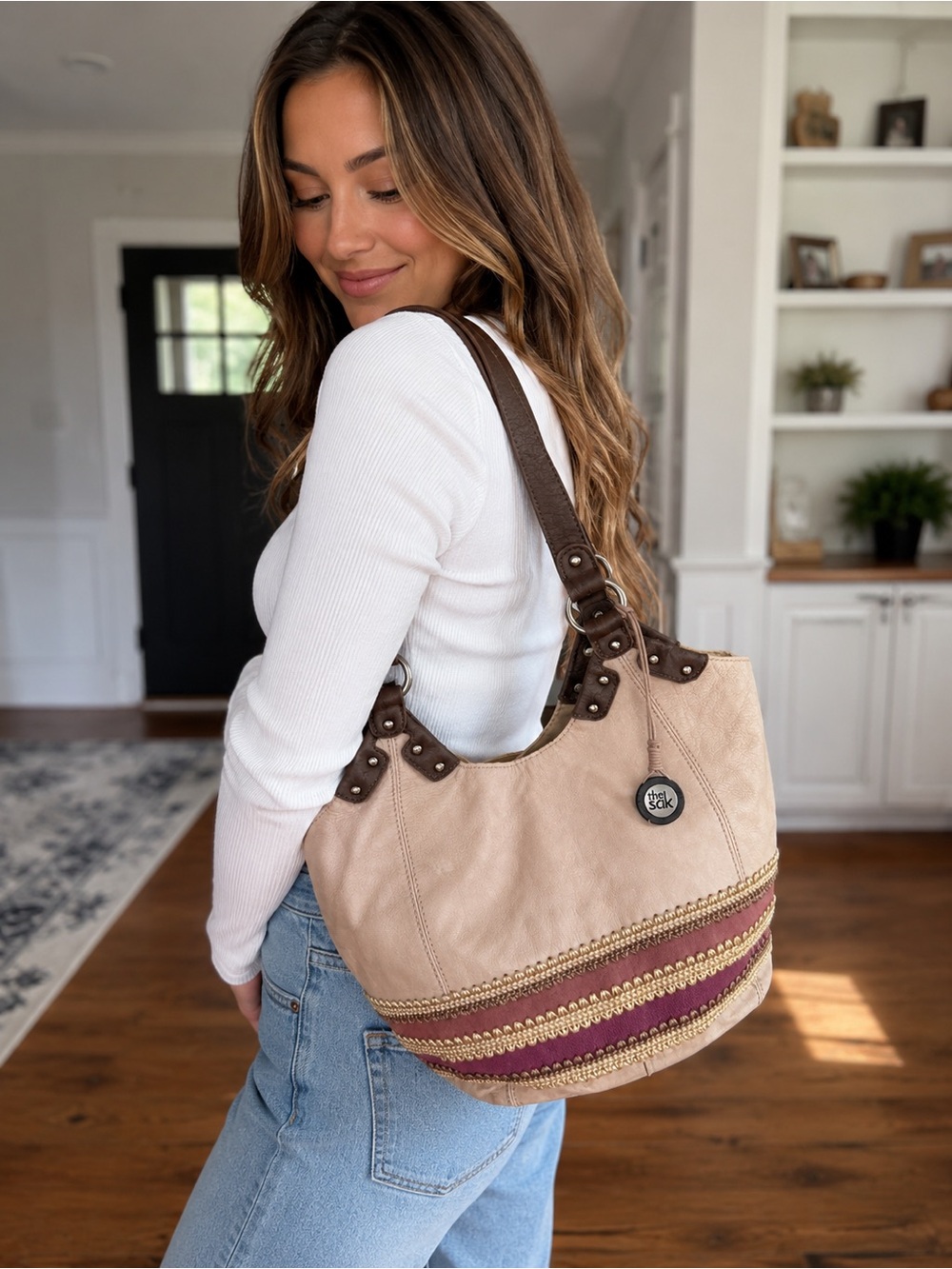 The Sak Beige & Burgundy Shoulder Hobo with Brown Straps